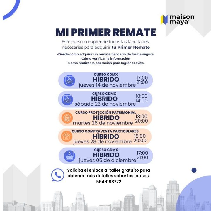 Cartel de la gira de cursos de remates y gestión patrimonial de Maison Maya con detalles sobre fechas y ubicaciones de los eventos.